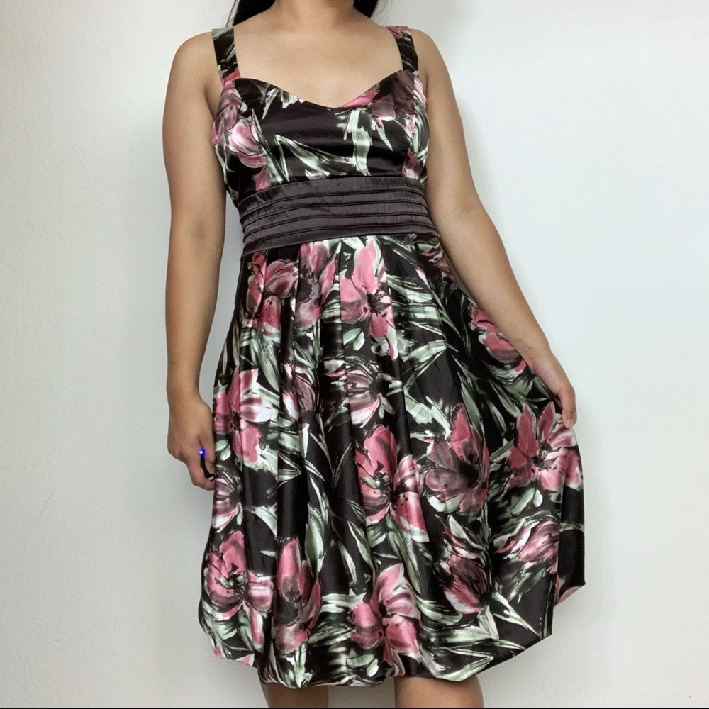 Vintage Studio Y Brown Floral Satin Cocktail Dress